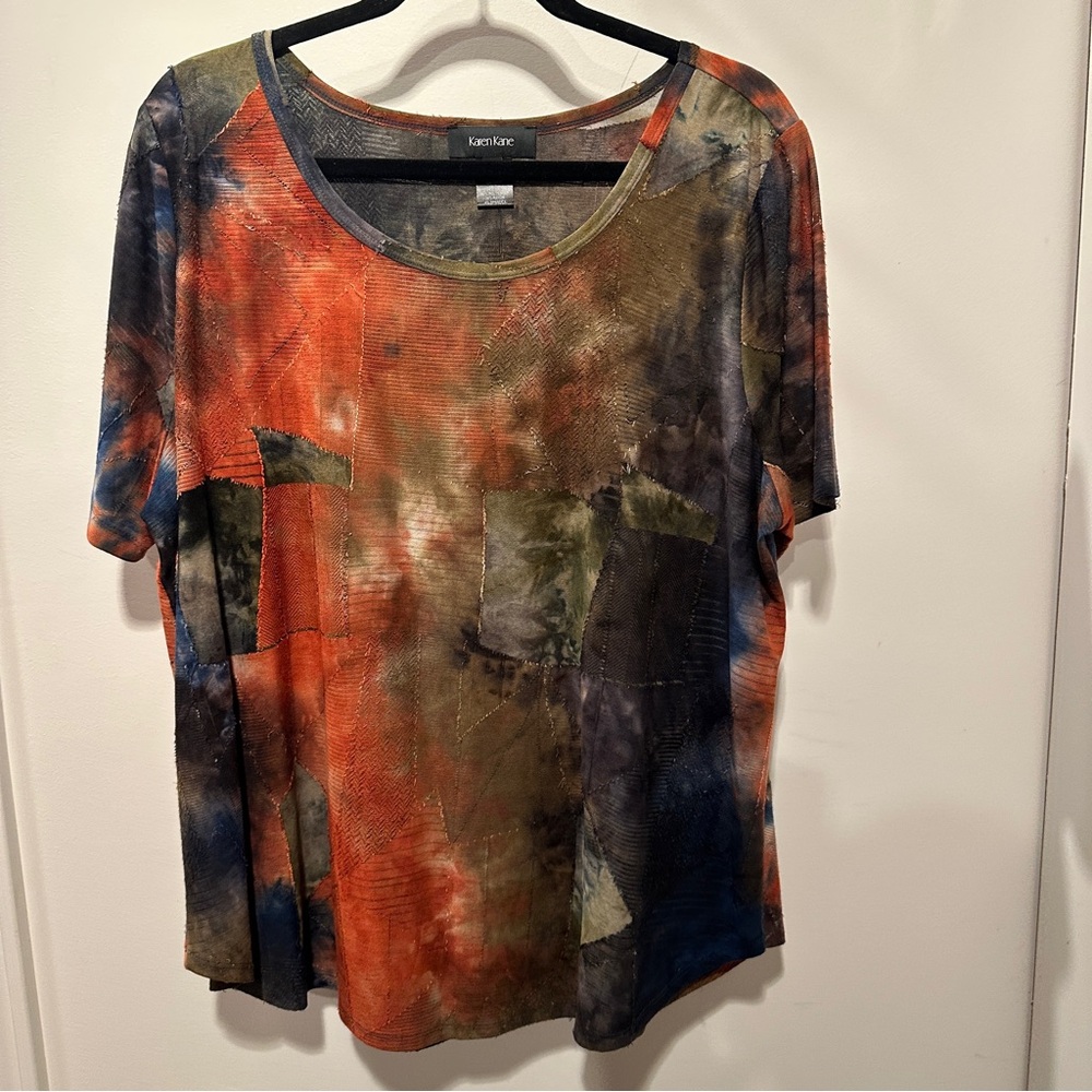 Karen Kane Multicolor Tie-Dye Patchwork Short Sleeve Top - Orange, Olive, Navy